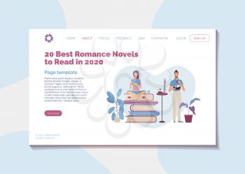 20 Best romance novels to read in 2020 landing page template. Top rated literature books banner. Young smiling couple reading book together vector illustration. New bestsellers and masterpieces guide