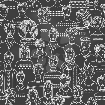 Crowd of various men and women in linear style. Vector blackboard background with various people. Chalk textile, fabric, wrapping paper, wallpaper duotone vector design