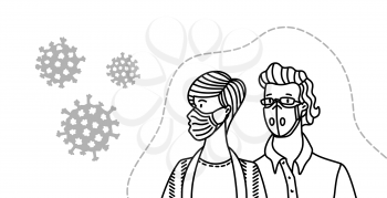 Young couple wearing disposable medical masks. Coronavirus protection and prevention. Self-isolation and quarantine outline vector illustration. Protect yourself from virus infection concept