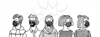 People wearing safety breathing masks. Respirators and medical masks. Protection from disease, flu, coronavirus COVID-19, air pollution, allergies, dust. Vector outline banner concept.