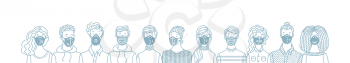 Group of people wearing safety breathing masks. Respirators and medical masks. Protection from disease, flu, coronavirus COVID-19, air pollution, allergies, dust. Vector outline banner concept.