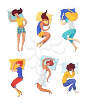 Sleeping women vector illustrations set. Female sleepers on pillows cartoon characters isolated on white background. Different sleeping poses, body positions. Bedtime, relaxation concept