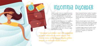 Insomnia disorder banner vector template. Sleepless girl lying in bed cartoon character. Medical journal page with flat illustrations. Wakefulness disease description. Poster design idea