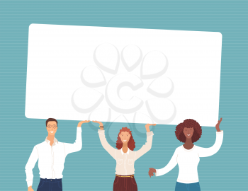 Businesspeople holding empty banner together vector illustration. Teamwork, partnership, mutual assistance. Company staff, office managers, man and woman with blank frame isolated cartoon characters