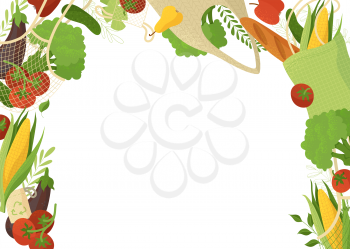 Natural produce flat vector illustration. Recyclable handbags with vegetables and fruits color border. Vegetarian nutrition, bread and greens in eco friendly bags isolated on white background