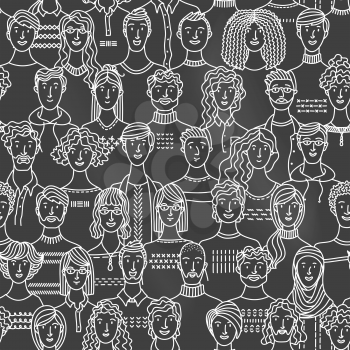 Chalk seamless pattern of diverse people group. Linear crowd boundless background with various men and women. Social community vector outline illustration. Black and white