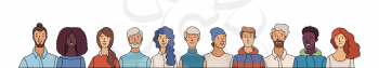Group portrait of diverse people. Smiling men and women standing together. Web banner with happy students or work team. Flat cartoon vector multi-ethnic poster. Caucasian, African, Asian, Muslim