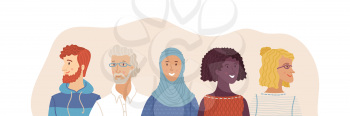 Multicultural happy adult men and women standing together. International community concept with diverse people vector flat illustration. Multiethnic group of smiling people. Cultural and religion equality.