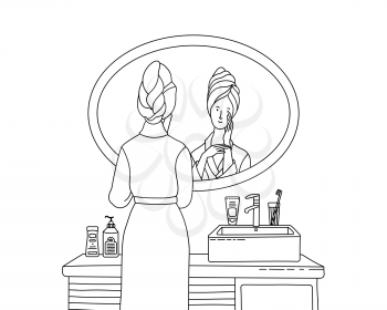 Beautiful woman clearing her skin in bathroom. Young girl wearing bathrobe looking at her reflection in mirror in bathroom. Everyday morning routine. Skincare and health. Outline vector illustration 
