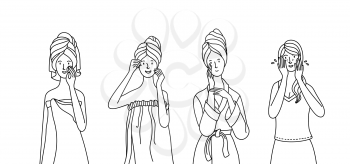 Young women wearing towel, pajama, and bathrobe take care of their skin. Girls cleaning skin, washing, moisturizing, applying serum and beauty mask. Linear duotone vector characters. Everyday routine