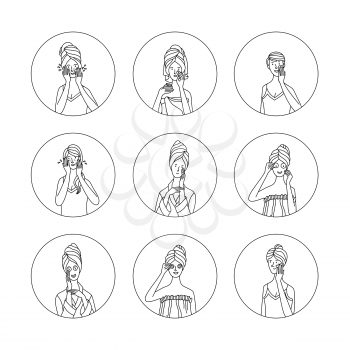 Steps for beauty and health your skin. Cute girls in towel, pajama, and bathrobe cleaning skin, washing, moisturizing, applying beauty mask. Skincare everyday routine. Outline vector characters