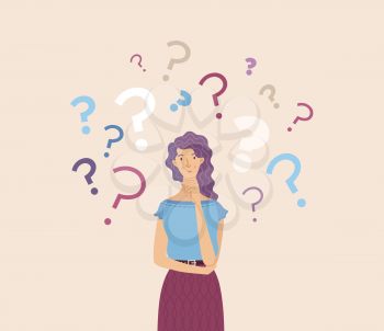 Pensive girl flat vector illustration. Cartoon confused woman character. Frustrated teenager making decision. Vulnerable lady in doubt with hand on chin gesture
