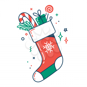 Christmas Santa sock color flat icon. Thin line and fill pictogram. Isolated vector illustration with contour. Editable stroke. Pixel perfect