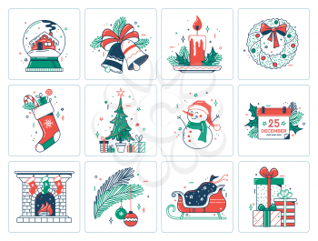 Christmas color flat icons set. Thin line and fill pictograms. Isolated vector illustration with contour. Editable stroke. Pixel perfect