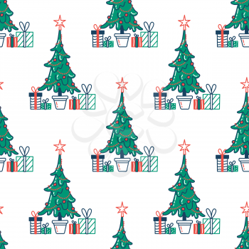 Christmas tree with baubles and gifts flat vector seamless pattern. Christmas color vector texture. Festive cartoon wrapping paper design