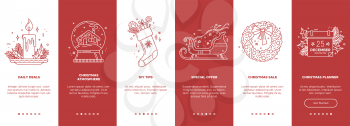 Vector Christmas onboarding screen templates. New Year mobile app linear concept. UX, UI, GUI template with outline icons. Editable stroke. Special offers, Christmas sale, planner, daily deals