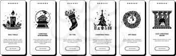 Christmas onboarding app screens with black glyph icons.cChristmas tree, wreath, cozy decor. New year user interface. UX, UI, GUI screen templates for mobile applications. Flat monocolor illustrations