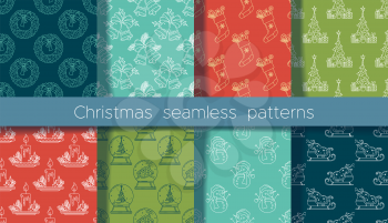 Christmas linear seamless patterns set. Color vector texture. Christmas tree and gifts, fireplace with socks,  snowman and wreath, snow globe with house. Outline wrapping paper, wallpaper design