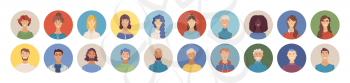 Flat people avatars set. Diverse human face icons for representing a person. Happy multicultural young, adult, and senior men and women profile pictures. Vector user pic for web forum or account