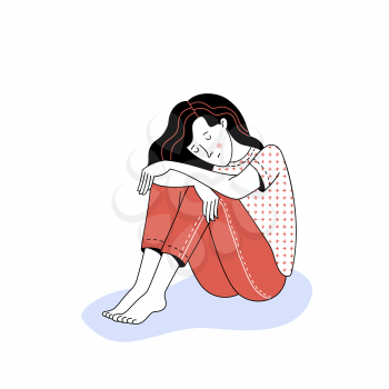 Upset long haired young woman character sitting on white background as illustration of mental disorder psychotherapy concept loneliness and depression