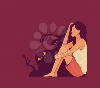 Sad young female character sitting near silhouettes of spooky monsters on red background as illustration of mental disorder psychotherapy and paranoia