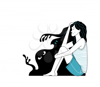 Upset young woman sitting near silhouettes of black terrible monsters on white background. Vector illustration of mental disorder, panic attack, and paranoia. Flat cartoon female character.