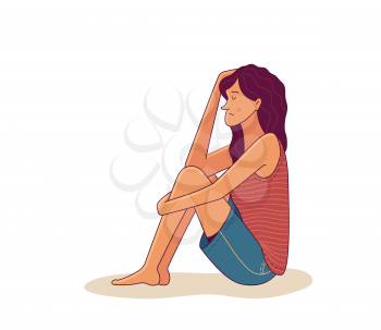 Depressed young woman sitting on floor.  Cartoon illustration of loneliness mental disorder, psychotherapy concept, loneliness, and depression. Vector flat female character.