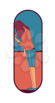 Tired woman standing inside large pill. Drug addiction and mental disorder cartoon concept. Flat duotone illustration