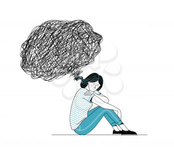 Sad woman sitting on floor. Black thinking bubble over her head. Overthinking, mental disorder psychotherapy, and loneliness flat concept. Vector cartoon illustration.