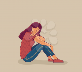 Upset young woman sitting on color background.  Anxiety, loneliness, depression, mental disorder,  and psychotherapy concept  flat illustration. Vector cartoon female character.