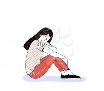 Sad brunette young lady character sitting alone on white background as illustration of mental disorder psychotherapy loneliness and depression