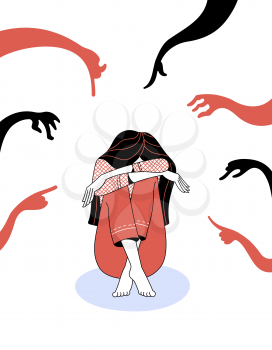 Stressed young woman character sits hiding head and numerous hands with pointing fingers on white background as illustration of bullying and psychotherapy