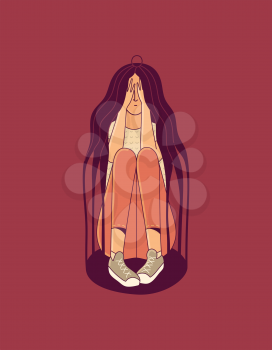 Scared woman character sitting inside cage made of long loose hair on red background as illustration of mental disorder and psychotherapy concept