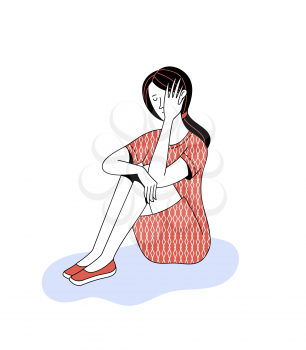 Upset young woman character in red dress sits on floor on white background as illustration of loneliness mental disorder and psychotherapy concept