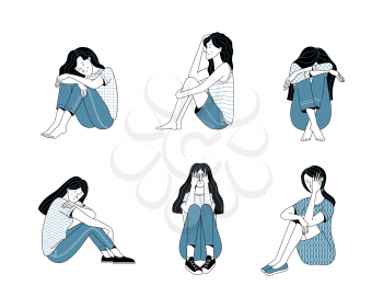 Set of female characters suffering from depression on white background as illustration of loneliness mental disorder and psychotherapy concept