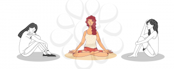 Silhouettes of upset women near bright lady character sitting in meditation posture lotus on white background concept of mental health and harmony