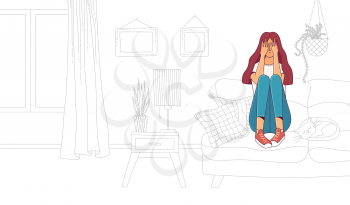 Upset young woman sitting on sofa in room vector illustration. Loneliness and depression. Vector flat female character. Outline interior on white background