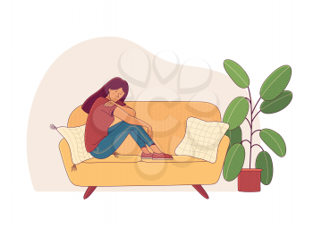 Depressed young woman sitting on yellow couch in room vector illustration. Anxiety, depression, or loneliness concept. Mental health. Flat female character