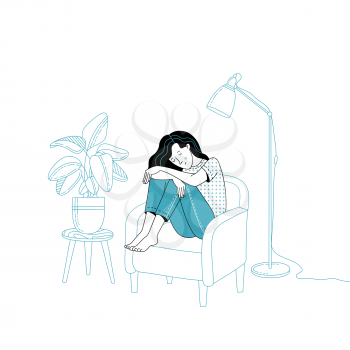 Depressed young woman sitting on armchair in room vector illustration. Anxiety, depression, or loneliness concept. Flat girl on lineart room background. Cartoon female character