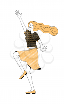 Picture of cheerful active young blonde female character with long hair and yellow skirt raising hand on white background as power of positive thinking