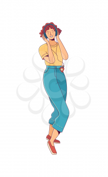 Cheerful young woman with short red hair listening to music in headphones and dancing. Good mood and enjoying life flat concept. Vector cartoon color female character