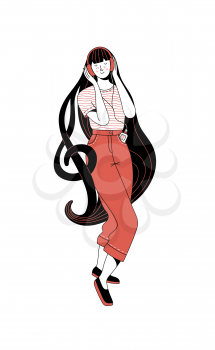 Smiling young girl with treble clef in long dark hair listening to music in headphones on white background. Life enjoying and good mood flat concept. Vector cartoon black and red duotone character