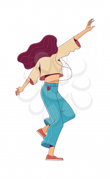 Woman dancing and enjoying music on white background vector illustration. Happy female cartoon character. Good mood and positive thinking flat drawing