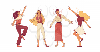 Set of joyful young women enjoying music vector illustration. Happy blonde and brunette girls dancing at party cartoon characters. Music notes in the air. Flat good mood concept