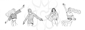 Set of joyful women enjoying life vector linear illustration. Cheerful girls dancing and listening to music. Flat duotone black and white female characters. Good mood and positive thinking concept