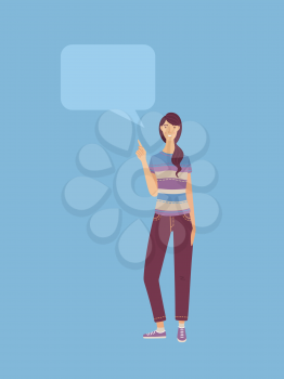 Young woman standing point finger to speech bubble vector cartoon illustration. Smiling girl hand gesture, showing or presenting something. Flat concept.