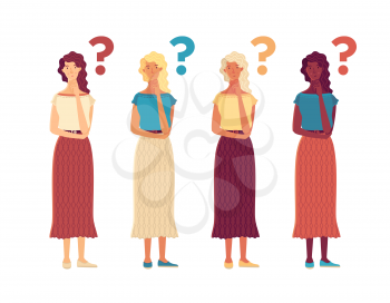Thoughtful girls flat vector characters set. Question and problem cartoon illustration. Young women making decisions. Vulnerable ladies in doubt with hand on chin gesture. Four variations.