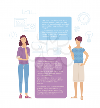Cute woman standing and making decision. Lady in doubt with hand on chin gesture. Young woman pointing finger to text area. Flat idea concept. Vector cartoon illustration. Work in team