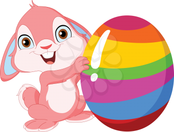 Cute pink bunny holding Easter egg