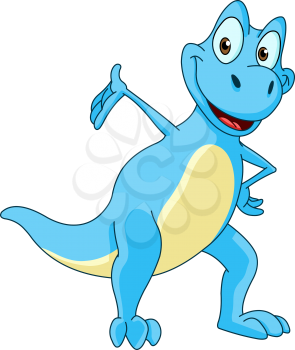 Smiling blue dinosaur presenting with his hand